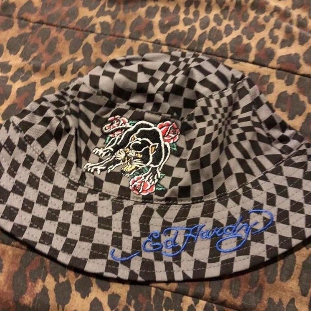 Ed Hardy Checkered Bucket Hat with Panther and Roses